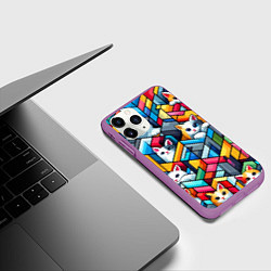Чехол iPhone 11 Pro матовый Геометрический паттерн с котятами - нейросеть, цвет: 3D-фиолетовый — фото 2