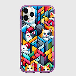 Чехол iPhone 11 Pro матовый Геометрический паттерн с котятами - нейросеть, цвет: 3D-фиолетовый