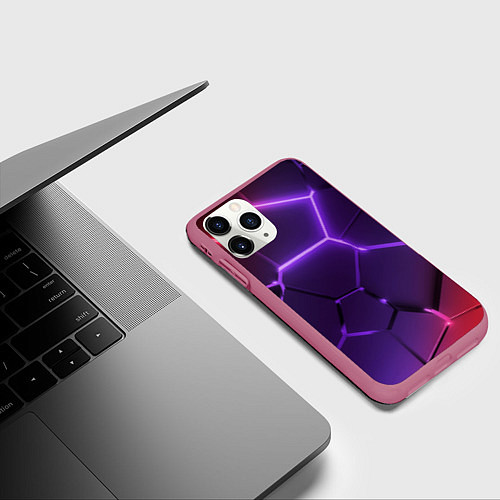 Чехол iPhone 11 Pro матовый Красно-фиолетовые неоновые плиты в разломе / 3D-Малиновый – фото 3