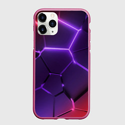 Чехол iPhone 11 Pro матовый Красно-фиолетовые неоновые плиты в разломе, цвет: 3D-малиновый