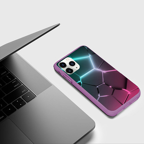Чехол iPhone 11 Pro матовый Голубые и розовые неоновые плиты в разломе / 3D-Фиолетовый – фото 3