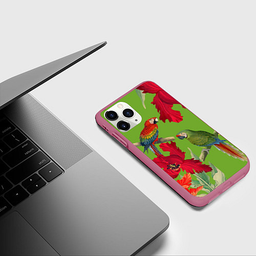 Чехол iPhone 11 Pro матовый Попугаи среди цветов / 3D-Малиновый – фото 3