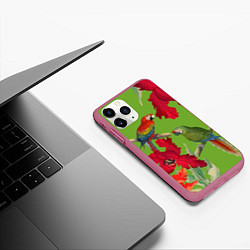 Чехол iPhone 11 Pro матовый Попугаи среди цветов, цвет: 3D-малиновый — фото 2