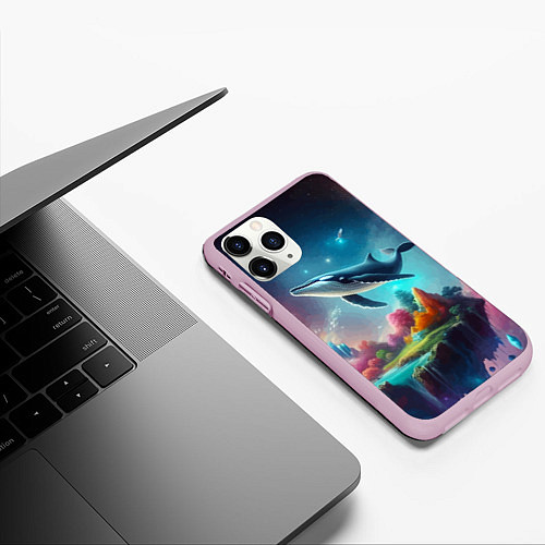 Чехол iPhone 11 Pro матовый Космический кит - нейросеть / 3D-Розовый – фото 3