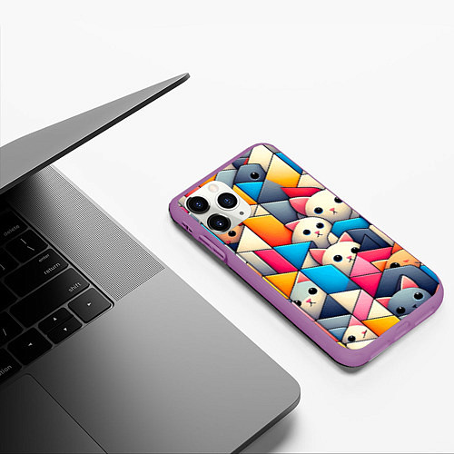 Чехол iPhone 11 Pro матовый Geometric pattern with kittens - ai art / 3D-Фиолетовый – фото 3