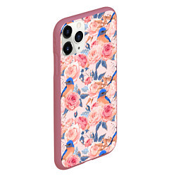 Чехол iPhone 11 Pro матовый Розы с птицами, цвет: 3D-малиновый — фото 2