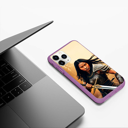 Чехол iPhone 11 Pro матовый Девушка самурай / 3D-Фиолетовый – фото 3