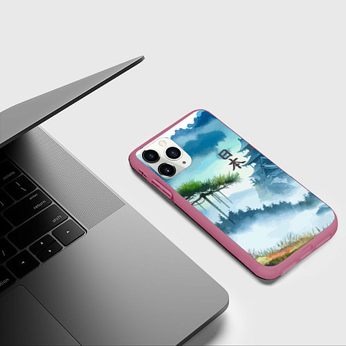 Чехол iPhone 11 Pro матовый Японский пейзаж - акварель живопись / 3D-Малиновый – фото 3