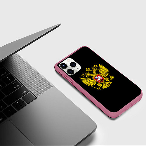 Чехол iPhone 11 Pro матовый Герб РФ gold / 3D-Малиновый – фото 3