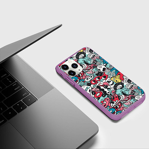 Чехол iPhone 11 Pro матовый Дудл животные абстракция / 3D-Фиолетовый – фото 3
