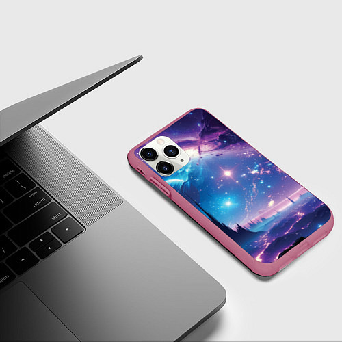 Чехол iPhone 11 Pro матовый Звездный город в космосе / 3D-Малиновый – фото 3