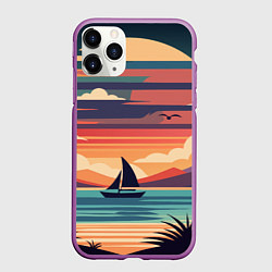Чехол iPhone 11 Pro матовый Парусник на море, цвет: 3D-фиолетовый