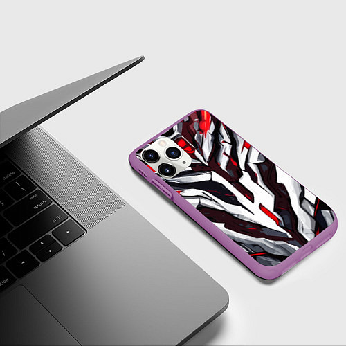 Чехол iPhone 11 Pro матовый Хаотичная красно-белая абстракция / 3D-Фиолетовый – фото 3