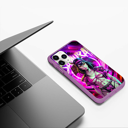 Чехол iPhone 11 Pro матовый Девушка самурай в откровенном костюме / 3D-Фиолетовый – фото 3