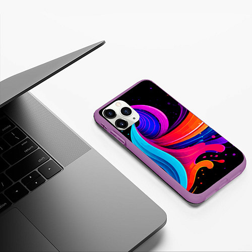 Чехол iPhone 11 Pro матовый Неоновая красочная абстракция - нейросеть / 3D-Фиолетовый – фото 3