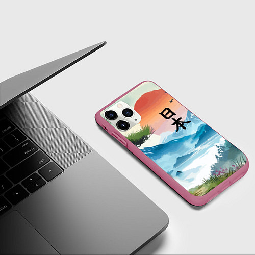 Чехол iPhone 11 Pro матовый Восход красного солнца - Японский пейзаж / 3D-Малиновый – фото 3