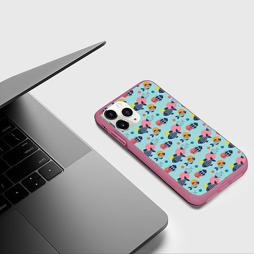 Чехол iPhone 11 Pro матовый Рыбы с геометрическим узором и кругами / 3D-Малиновый – фото 3