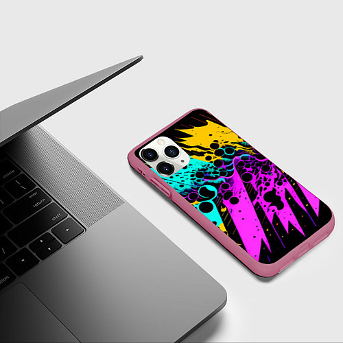 Чехол iPhone 11 Pro матовый Разноцветная неоновая абстракция - нейроарт / 3D-Малиновый – фото 3