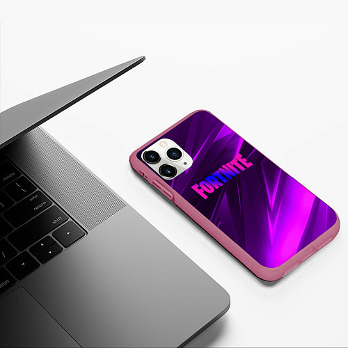 Чехол iPhone 11 Pro матовый Fortnite neon stripes angles logo / 3D-Малиновый – фото 3