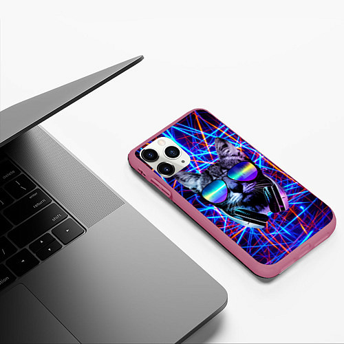 Чехол iPhone 11 Pro матовый Cat DJ neon / 3D-Малиновый – фото 3