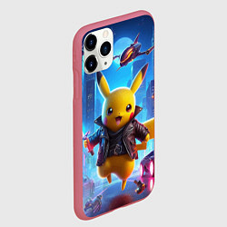 Чехол iPhone 11 Pro матовый Кибер Пикачу в неоновом городе - нейросеть, цвет: 3D-малиновый — фото 2