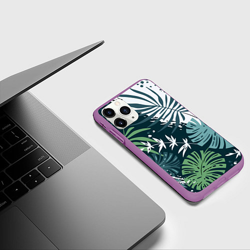 Чехол iPhone 11 Pro матовый Листья тропических джунглей абстракция / 3D-Фиолетовый – фото 3