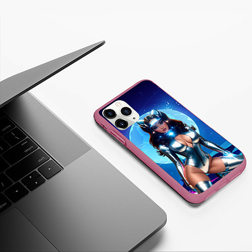 Чехол iPhone 11 Pro матовый Космическая девушка в блестящем костюме / 3D-Малиновый – фото 3