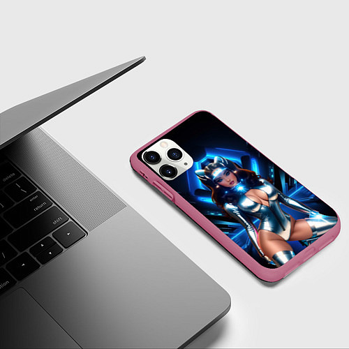 Чехол iPhone 11 Pro матовый Космическая девушка в блестящем костюме с ушками / 3D-Малиновый – фото 3
