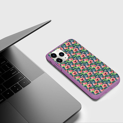 Чехол iPhone 11 Pro матовый Маки и синицы паттерн / 3D-Фиолетовый – фото 3