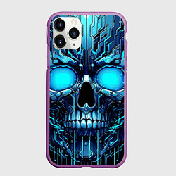 Чехол iPhone 11 Pro матовый Неоновый кибер череп - нейроарт микросхема, цвет: 3D-фиолетовый