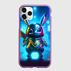 Чехол iPhone 11 Pro матовый Neon cyber Pikachu made of metal steel - ai art, цвет: 3D-фиолетовый