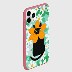 Чехол iPhone 11 Pro матовый Черный кот хиппи в костюме цветочка, цвет: 3D-малиновый — фото 2