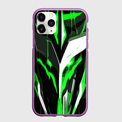 Чехол iPhone 11 Pro матовый Зелёно-белая абстракция и чёрный фон, цвет: 3D-фиолетовый