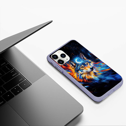 Чехол iPhone 11 Pro матовый Волк и луна - импрессионизм / 3D-Светло-сиреневый – фото 3
