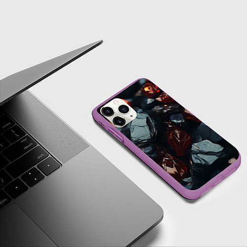 Чехол iPhone 11 Pro матовый Темные блестящие абстрактные камни / 3D-Фиолетовый – фото 3