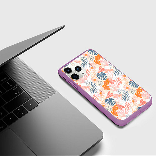 Чехол iPhone 11 Pro матовый Паттерн узор листьев / 3D-Фиолетовый – фото 3
