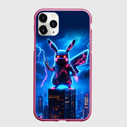 Чехол iPhone 11 Pro матовый Пикачу в роли Годзиллы - неоновое свечение, цвет: 3D-малиновый