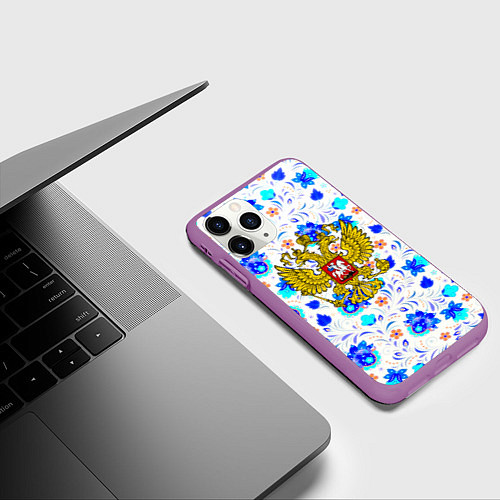 Чехол iPhone 11 Pro матовый Герб РФ гжель / 3D-Фиолетовый – фото 3