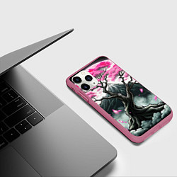 Чехол iPhone 11 Pro матовый Япония сакура и горы, цвет: 3D-малиновый — фото 2