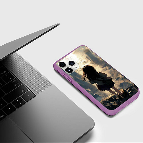 Чехол iPhone 11 Pro матовый Девушка и город / 3D-Фиолетовый – фото 3