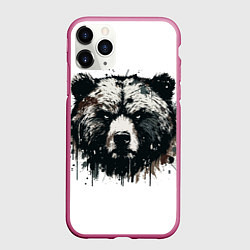Чехол iPhone 11 Pro матовый Гранж - портрет медведя, цвет: 3D-малиновый