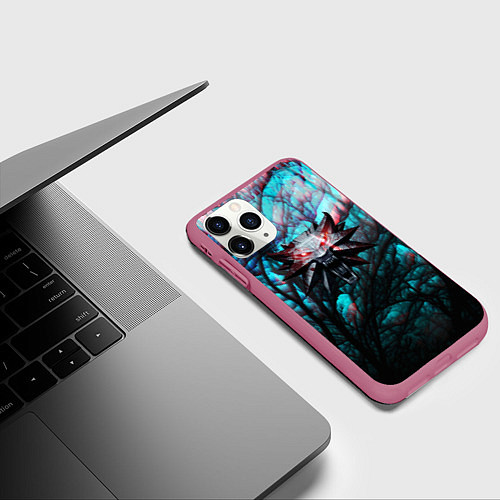 Чехол iPhone 11 Pro матовый The Witcher logo night / 3D-Малиновый – фото 3