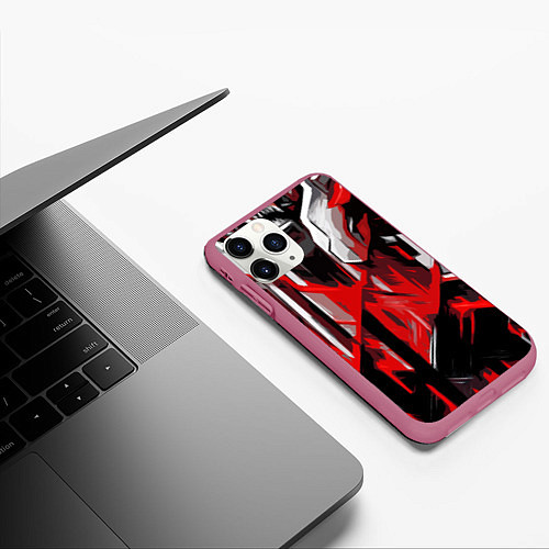 Чехол iPhone 11 Pro матовый Red and white abstraction on a black background / 3D-Малиновый – фото 3