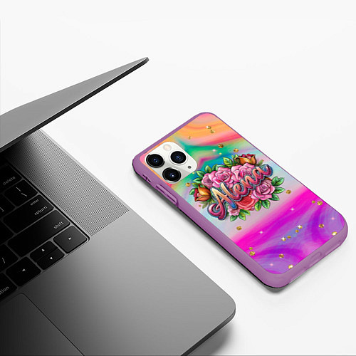 Чехол iPhone 11 Pro матовый Алена и розовые розы / 3D-Фиолетовый – фото 3