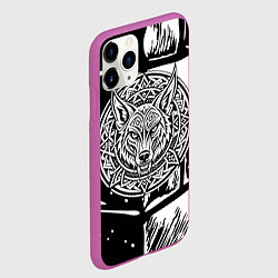 Чехол iPhone 11 Pro матовый Голова волка скандинавский узор тату, цвет: 3D-фиолетовый — фото 2