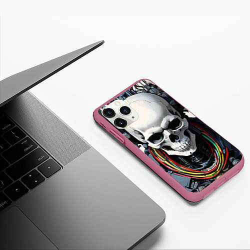 Чехол iPhone 11 Pro матовый Cool cyber skull - ai art fantasy / 3D-Малиновый – фото 3