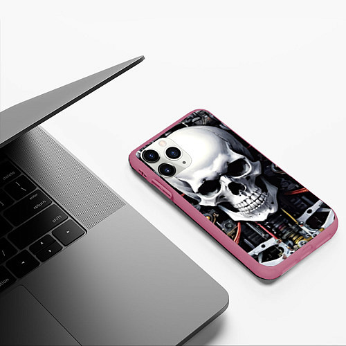 Чехол iPhone 11 Pro матовый Cyber skull - ai art / 3D-Малиновый – фото 3