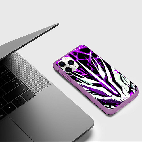 Чехол iPhone 11 Pro матовый Чёрный фон, фиолетово-белая абстракция / 3D-Фиолетовый – фото 3