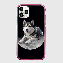 Чехол iPhone 11 Pro матовый Хаски на луне, цвет: 3D-малиновый