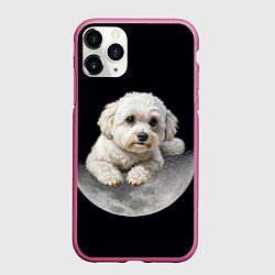 Чехол iPhone 11 Pro матовый Бишон фризе и луна, цвет: 3D-малиновый